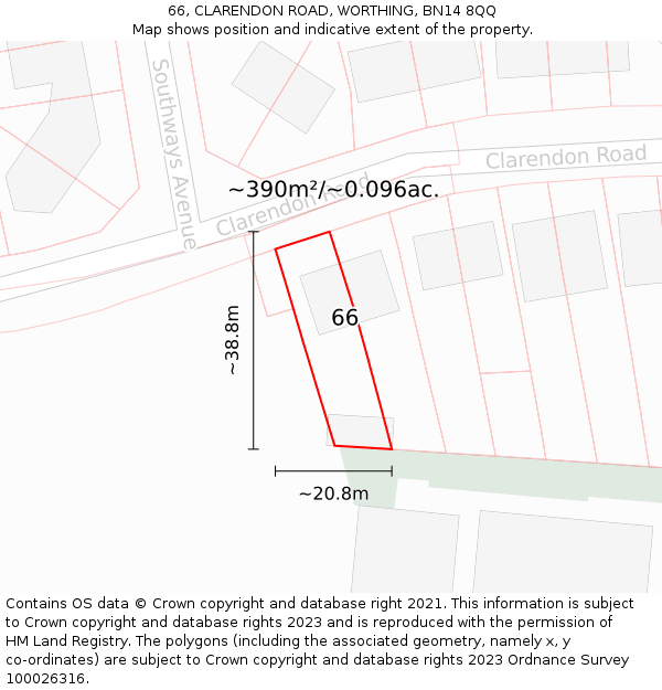 66, CLARENDON ROAD, WORTHING, BN14 8QQ: Plot and title map