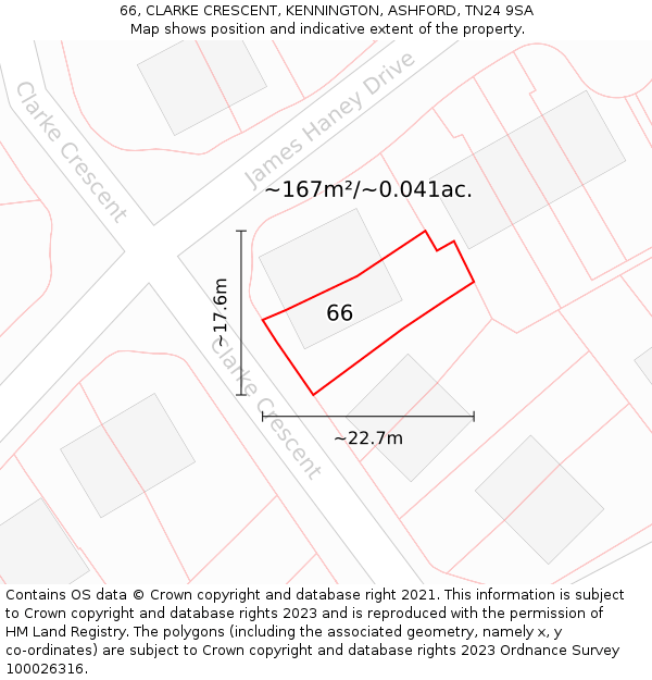 66, CLARKE CRESCENT, KENNINGTON, ASHFORD, TN24 9SA: Plot and title map
