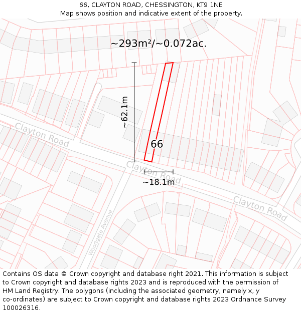 66, CLAYTON ROAD, CHESSINGTON, KT9 1NE: Plot and title map