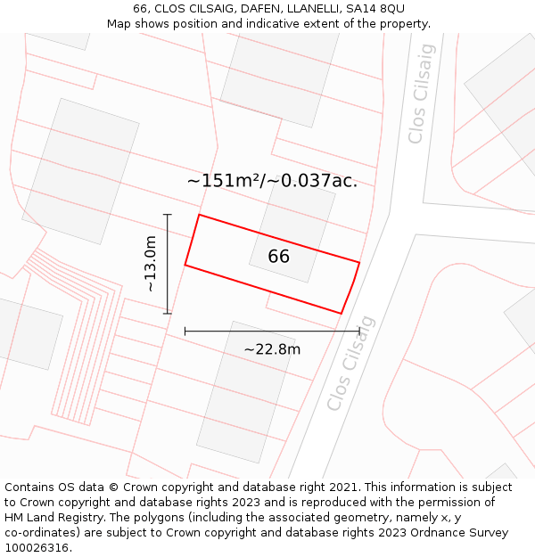 66, CLOS CILSAIG, DAFEN, LLANELLI, SA14 8QU: Plot and title map