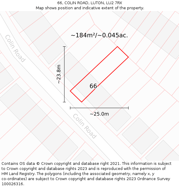 66, COLIN ROAD, LUTON, LU2 7RX: Plot and title map