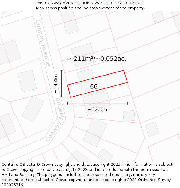 66, CONWAY AVENUE, BORROWASH, DERBY, DE72 3GT: Plot and title map
