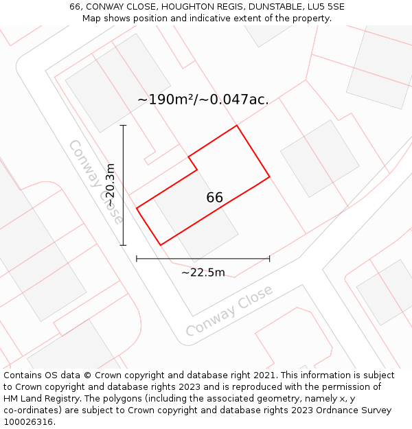 66, CONWAY CLOSE, HOUGHTON REGIS, DUNSTABLE, LU5 5SE: Plot and title map