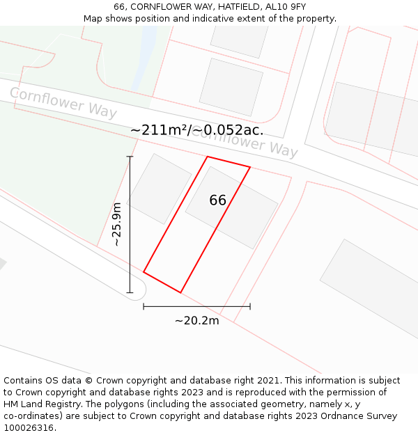 66, CORNFLOWER WAY, HATFIELD, AL10 9FY: Plot and title map