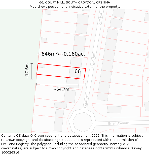 66, COURT HILL, SOUTH CROYDON, CR2 9NA: Plot and title map