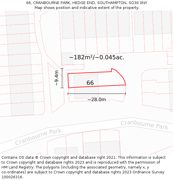 66, CRANBOURNE PARK, HEDGE END, SOUTHAMPTON, SO30 0NY: Plot and title map