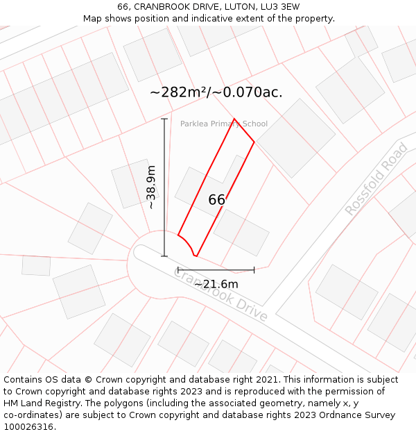 66, CRANBROOK DRIVE, LUTON, LU3 3EW: Plot and title map