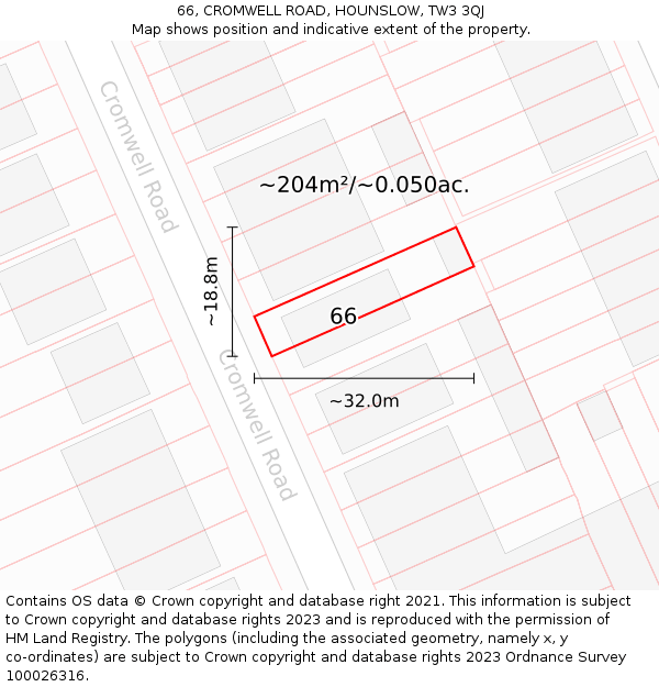 66, CROMWELL ROAD, HOUNSLOW, TW3 3QJ: Plot and title map
