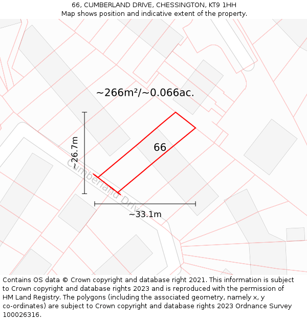 66, CUMBERLAND DRIVE, CHESSINGTON, KT9 1HH: Plot and title map