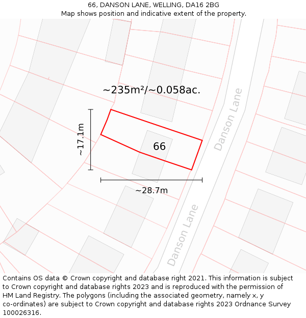 66, DANSON LANE, WELLING, DA16 2BG: Plot and title map