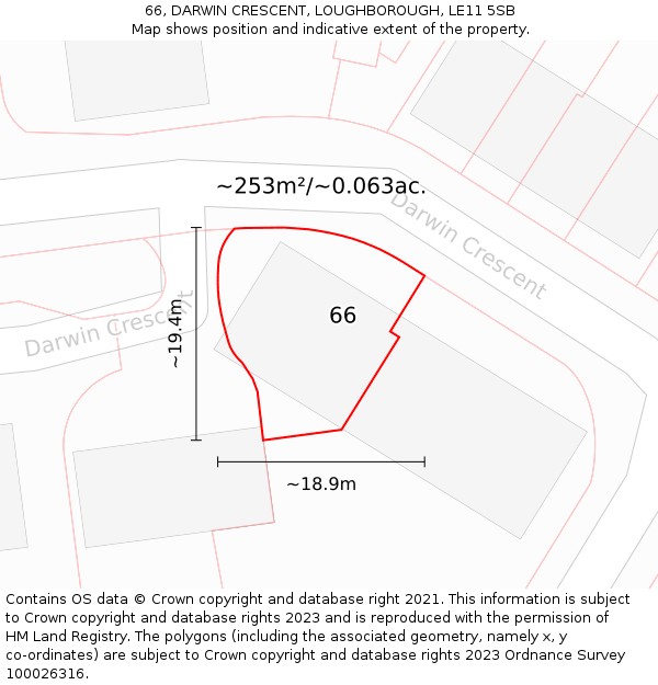 66, DARWIN CRESCENT, LOUGHBOROUGH, LE11 5SB: Plot and title map
