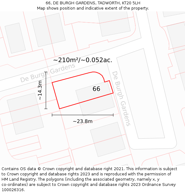 66, DE BURGH GARDENS, TADWORTH, KT20 5LH: Plot and title map