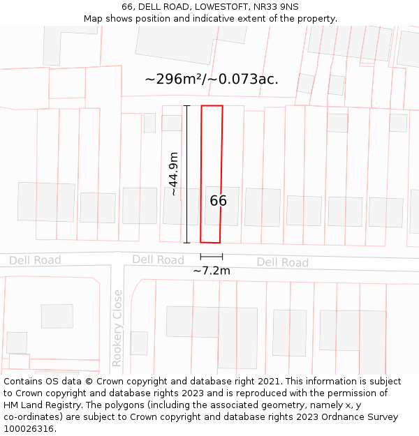 66, DELL ROAD, LOWESTOFT, NR33 9NS: Plot and title map