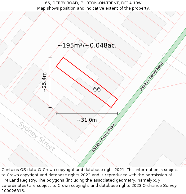 66, DERBY ROAD, BURTON-ON-TRENT, DE14 1RW: Plot and title map