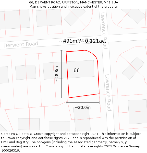 66, DERWENT ROAD, URMSTON, MANCHESTER, M41 8UA: Plot and title map