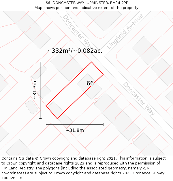 66, DONCASTER WAY, UPMINSTER, RM14 2PP: Plot and title map