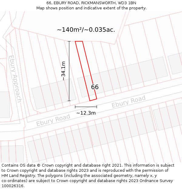 66, EBURY ROAD, RICKMANSWORTH, WD3 1BN: Plot and title map
