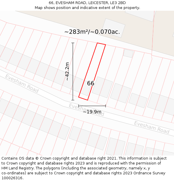 66, EVESHAM ROAD, LEICESTER, LE3 2BD: Plot and title map
