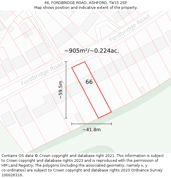 66, FORDBRIDGE ROAD, ASHFORD, TW15 2SP: Plot and title map