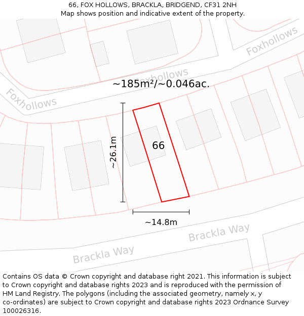 66, FOX HOLLOWS, BRACKLA, BRIDGEND, CF31 2NH: Plot and title map