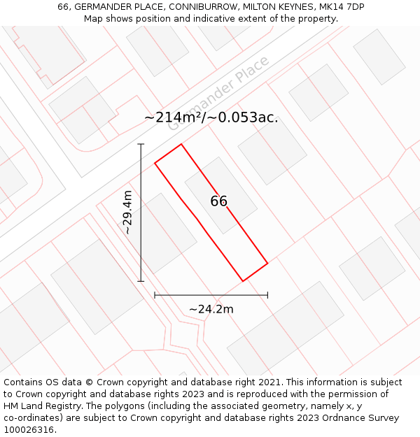 66, GERMANDER PLACE, CONNIBURROW, MILTON KEYNES, MK14 7DP: Plot and title map