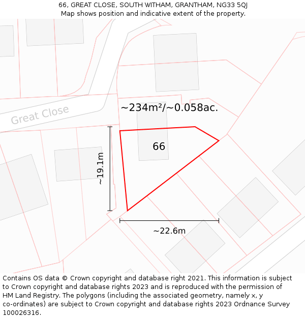 66, GREAT CLOSE, SOUTH WITHAM, GRANTHAM, NG33 5QJ: Plot and title map