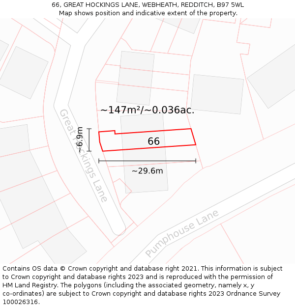 66, GREAT HOCKINGS LANE, WEBHEATH, REDDITCH, B97 5WL: Plot and title map