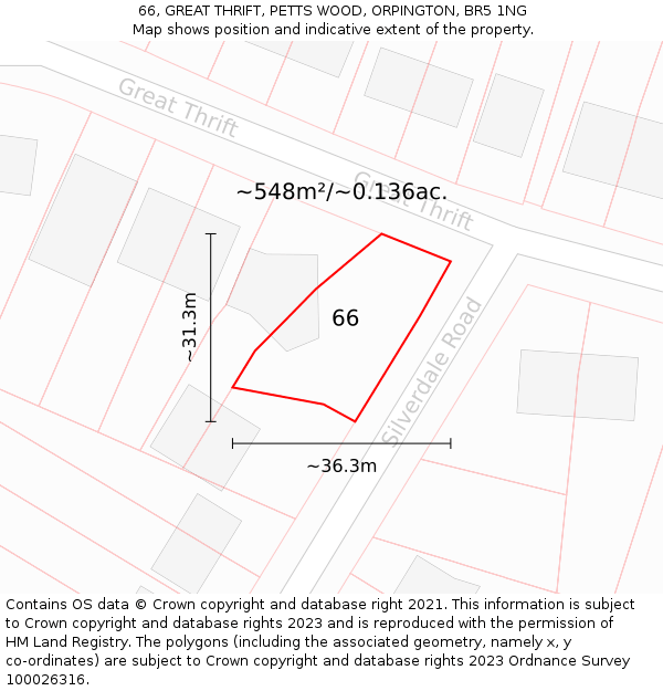 66, GREAT THRIFT, PETTS WOOD, ORPINGTON, BR5 1NG: Plot and title map