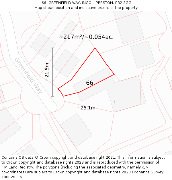 66, GREENFIELD WAY, INGOL, PRESTON, PR2 3GG: Plot and title map