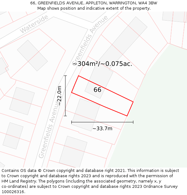 66, GREENFIELDS AVENUE, APPLETON, WARRINGTON, WA4 3BW: Plot and title map