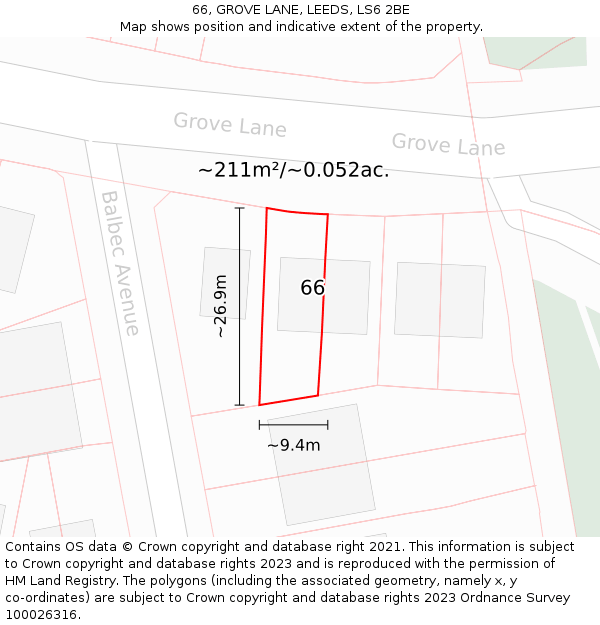 66, GROVE LANE, LEEDS, LS6 2BE: Plot and title map
