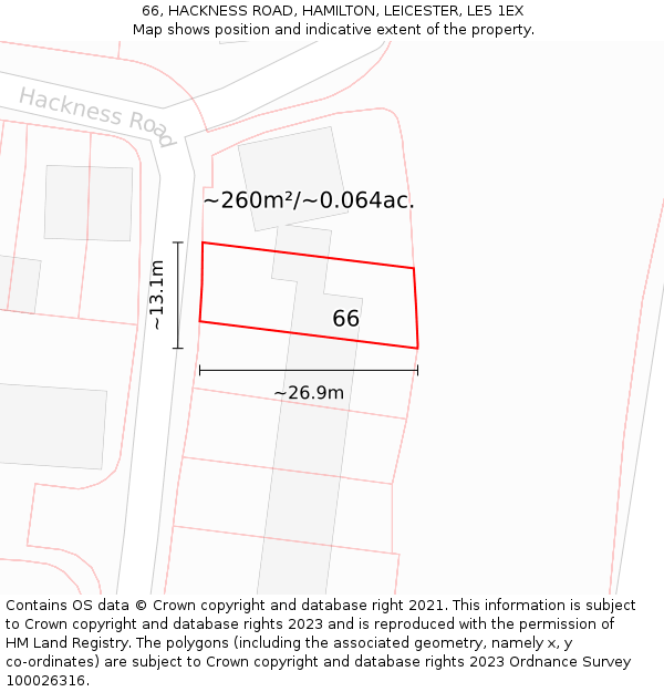 66, HACKNESS ROAD, HAMILTON, LEICESTER, LE5 1EX: Plot and title map
