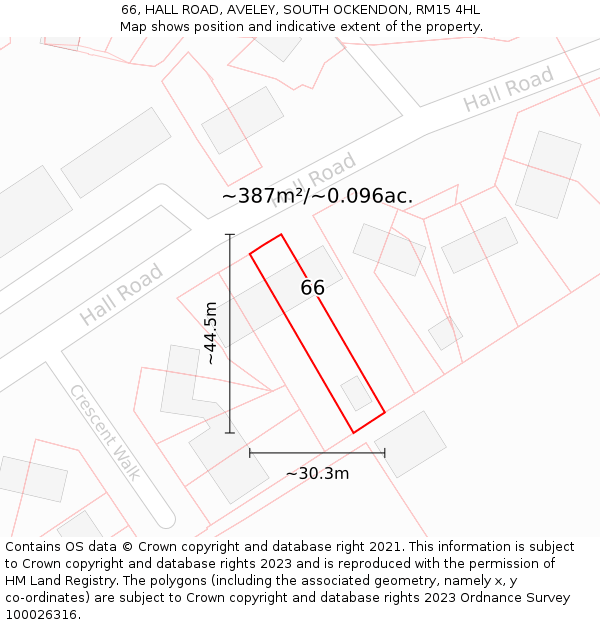 66, HALL ROAD, AVELEY, SOUTH OCKENDON, RM15 4HL: Plot and title map