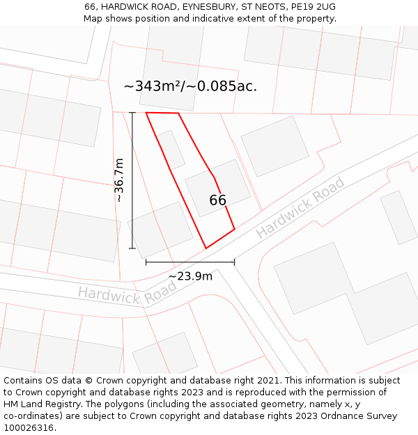 66, HARDWICK ROAD, EYNESBURY, ST NEOTS, PE19 2UG: Plot and title map