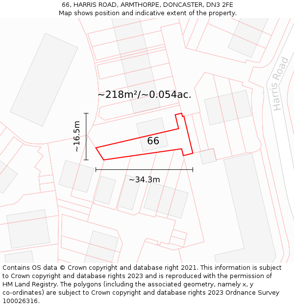 66, HARRIS ROAD, ARMTHORPE, DONCASTER, DN3 2FE: Plot and title map