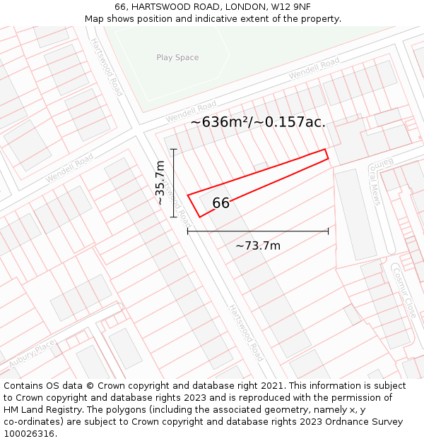 66, HARTSWOOD ROAD, LONDON, W12 9NF: Plot and title map