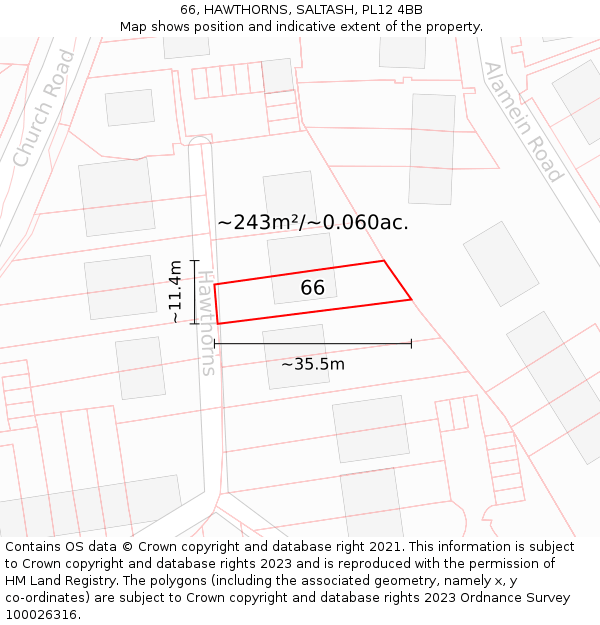 66, HAWTHORNS, SALTASH, PL12 4BB: Plot and title map