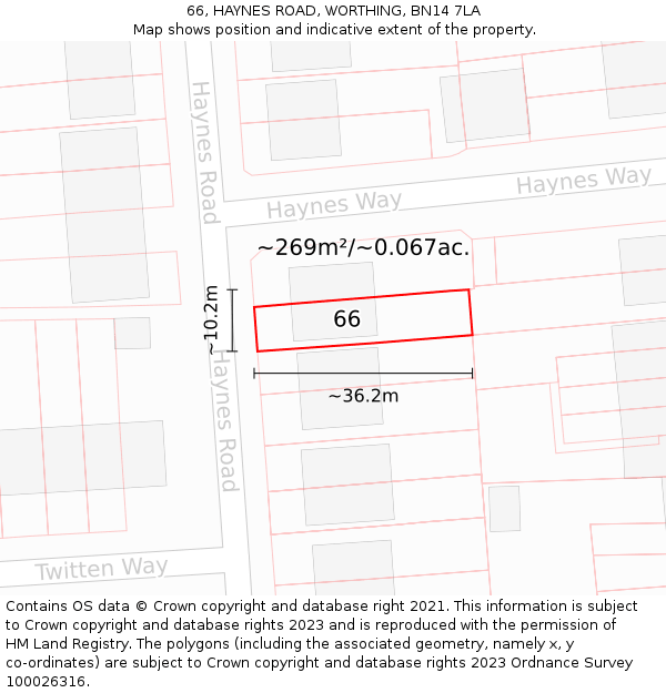 66, HAYNES ROAD, WORTHING, BN14 7LA: Plot and title map