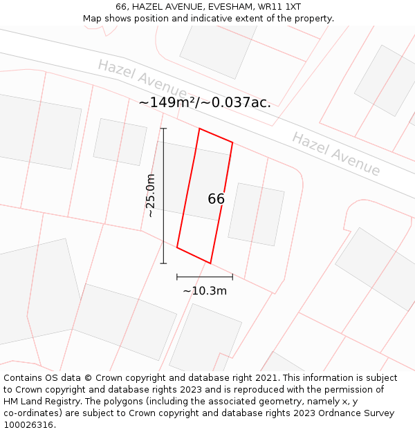66, HAZEL AVENUE, EVESHAM, WR11 1XT: Plot and title map