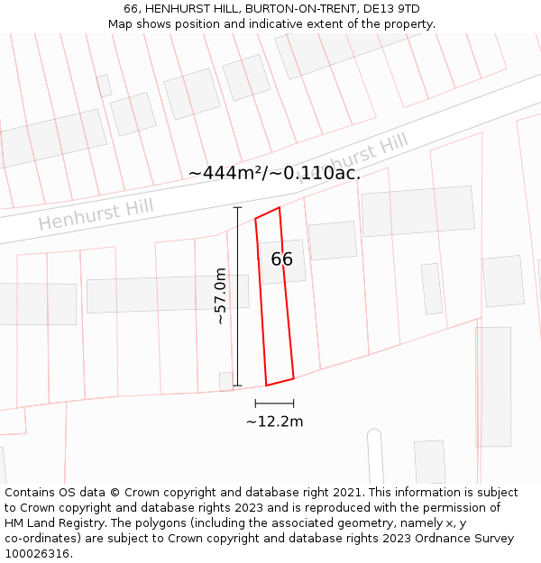 66, HENHURST HILL, BURTON-ON-TRENT, DE13 9TD: Plot and title map