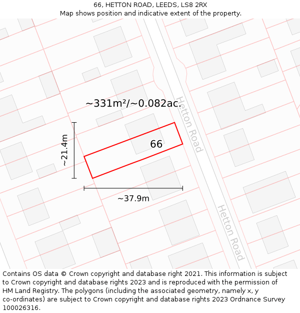 66, HETTON ROAD, LEEDS, LS8 2RX: Plot and title map