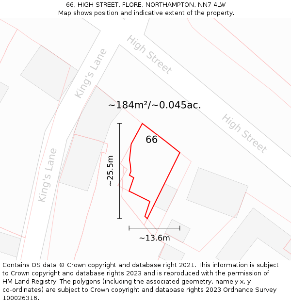 66, HIGH STREET, FLORE, NORTHAMPTON, NN7 4LW: Plot and title map
