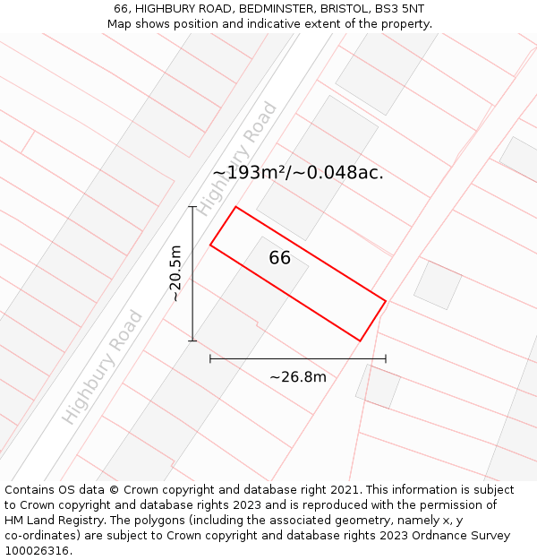 66, HIGHBURY ROAD, BEDMINSTER, BRISTOL, BS3 5NT: Plot and title map