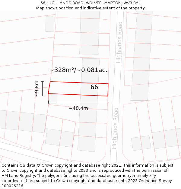 66, HIGHLANDS ROAD, WOLVERHAMPTON, WV3 8AH: Plot and title map