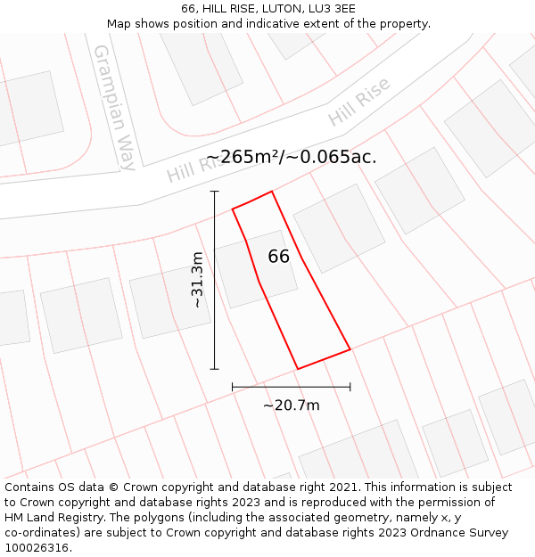 66, HILL RISE, LUTON, LU3 3EE: Plot and title map