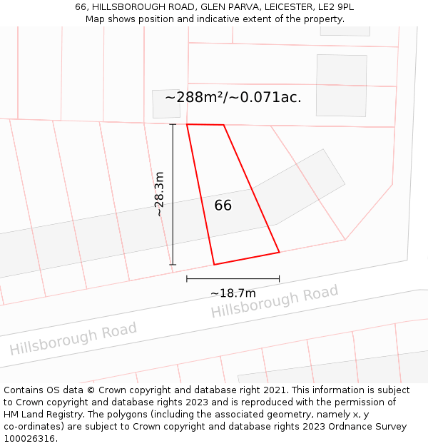 66, HILLSBOROUGH ROAD, GLEN PARVA, LEICESTER, LE2 9PL: Plot and title map