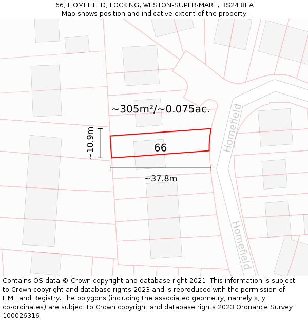 66, HOMEFIELD, LOCKING, WESTON-SUPER-MARE, BS24 8EA: Plot and title map
