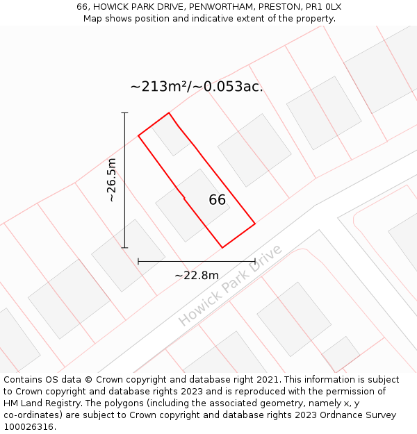 66, HOWICK PARK DRIVE, PENWORTHAM, PRESTON, PR1 0LX: Plot and title map