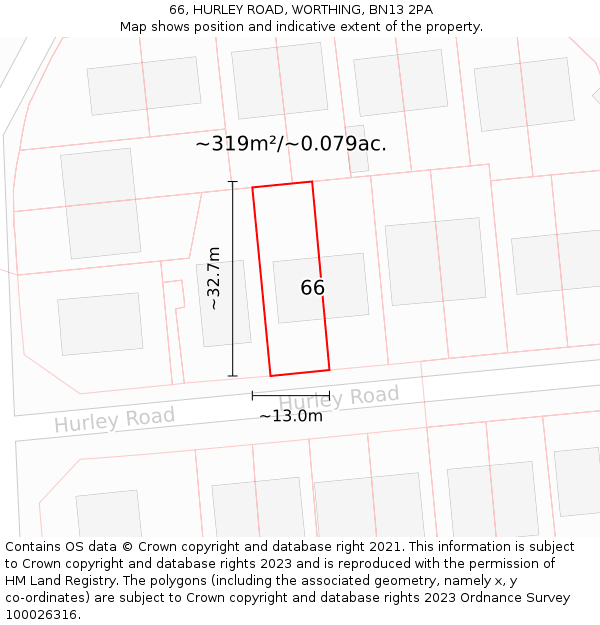 66, HURLEY ROAD, WORTHING, BN13 2PA: Plot and title map