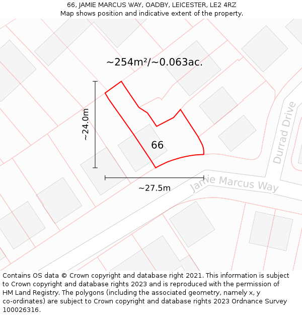 66, JAMIE MARCUS WAY, OADBY, LEICESTER, LE2 4RZ: Plot and title map
